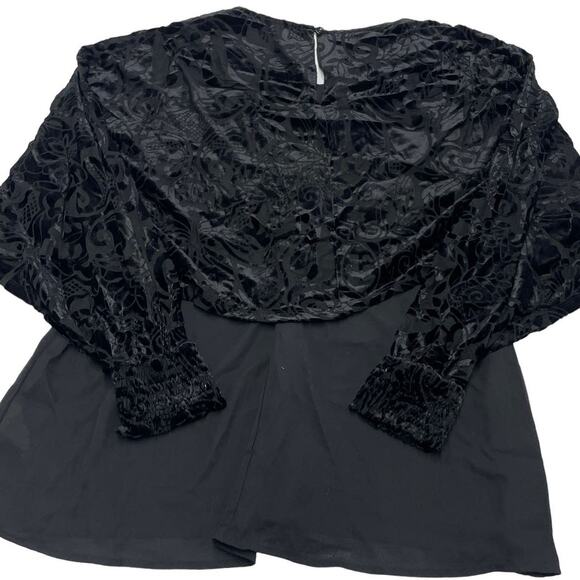 Mystree Top Womens Small Black Velvet Floral Tiered Open Sleeve Blouse‎ - Picture 2 of 8